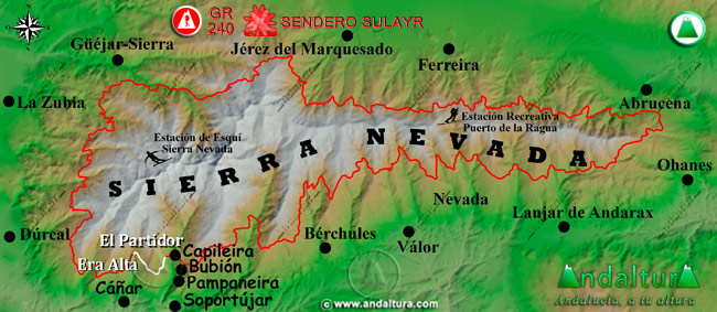 Mapa de Sierra Nevada con la situación del Tramo Era Alta - El Partidor del Gran Recorrido GR 240 Sendero Sulayr