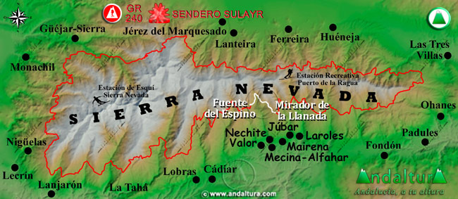 Mapa de Sierra Nevada con la situación del Tramo Fuente del Espino - Mirador de la Llanada del Gran Recorrido GR 240 Sendero Sulayr