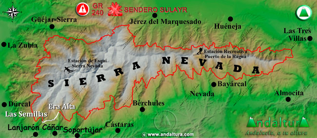 Mapa de Sierra Nevada con la situación del Tramo Las Semillas - Era Alta del Gran Recorrido GR 240 Sendero Sulayr