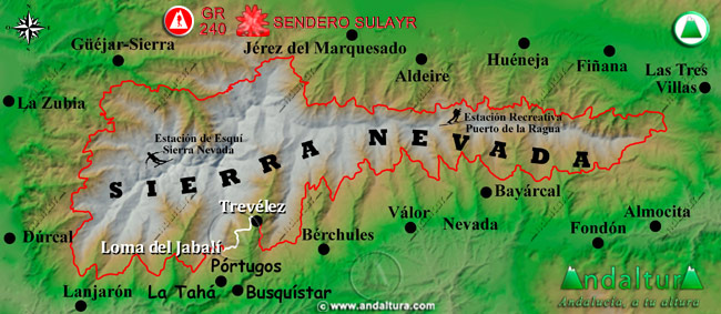 Mapa de Sierra Nevada con la situación del Tramo Loma del Jabalí - Trevélez del Gran Recorrido GR 240 Sendero Sulayr