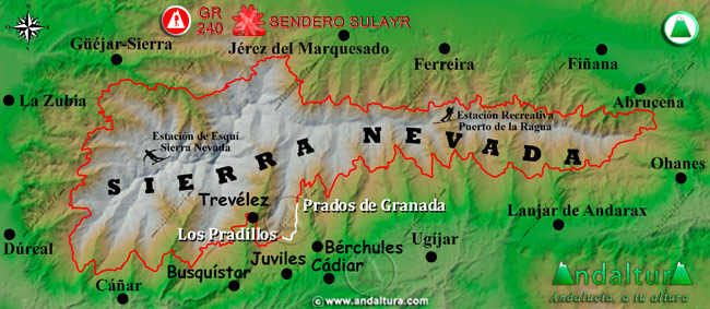 Mapa de Sierra Nevada con la situación del Tramo Los Pradillos - Prado de Granada del Gran Recorrido GR 240 Sendero Sulayr