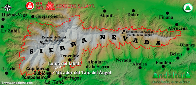 Mapa de Sierra Nevada con la situación del Tramo Mirador del Tajo del Ángel - Loma del Jabalí del Gran Recorrido GR 240 Sendero Sulayr