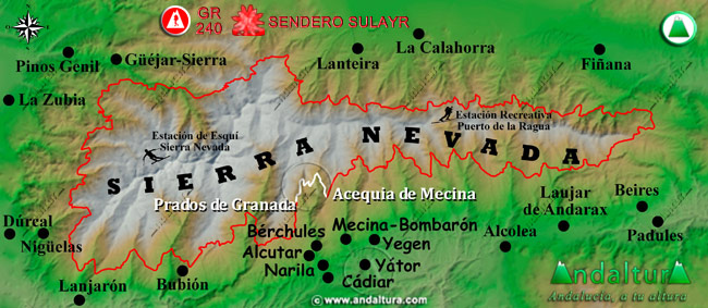 Mapa de Sierra Nevada con la situación del Tramo Prado de Granada - Acequia de Mecina del Gran Recorrido GR 240 Sendero Sulayr