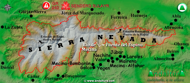 Mapa de Sierra Nevada con la situación del Tramo Río de Mecina - Fuente del Espino del Gran Recorrido GR 240 Sendero Sulayr