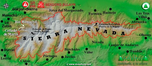 Mapa de Sierra Nevada con la situación del Tramo Río Monachil - Collado de Martín del Gran Recorrido GR 240 Sendero Sulayr
