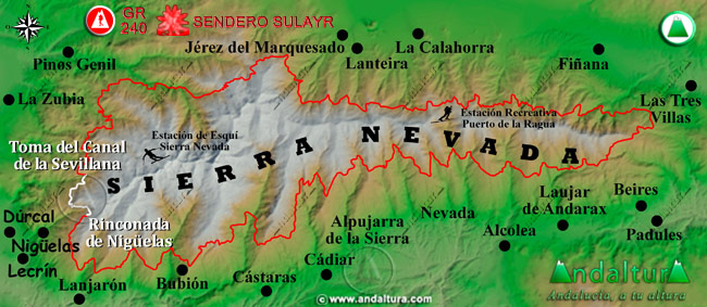 Mapa de Sierra Nevada con la situación del Tramo Toma del Canal de la Sevillana - Rinconada de Nigüelas del Gran Recorrido GR 240 Sendero Sulayr