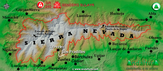 Mapa de Sierra Nevada con la situación del Tramo Trevélez - Los Pradillos del Gran Recorrido GR 240 Sendero Sulayr