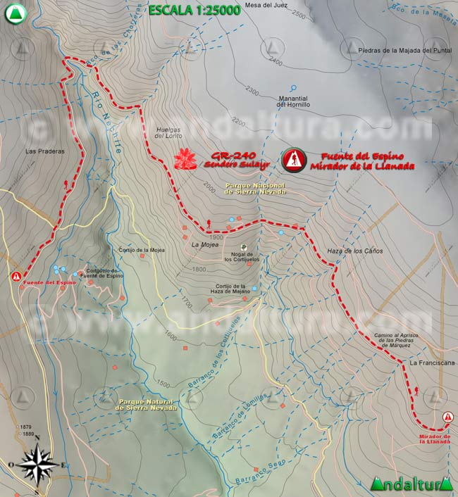 Mapa Topográfico y georefenciado de la Ruta de Senderismo del Gran Recorrido GR 240 Sendero Sulayr por Sierra Nevada, a escala 1:25000 del Tramo Fuente del Espino - Mirador de la Llanada