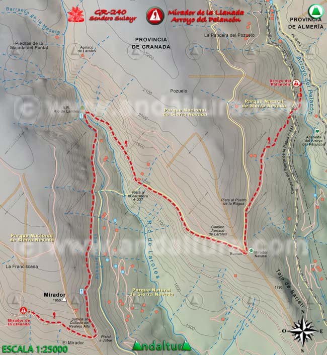 Mapa Topográfico y georefenciado de la Ruta de Senderismo del Gran Recorrido GR 240 Sendero Sulayr por Sierra Nevada, a escala 1:25000 del Tramo Mirador de la Llanada - Arroyo del Palancón