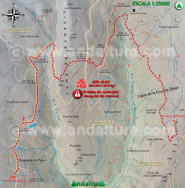 Mapa Topográfico y georefenciado de la Ruta de Senderismo del Gran Recorrido GR 240 Sendero Sulayr por Sierra Nevada, a escala 1:25000 del Tramo Prados de Granada - Acequia de Mecina