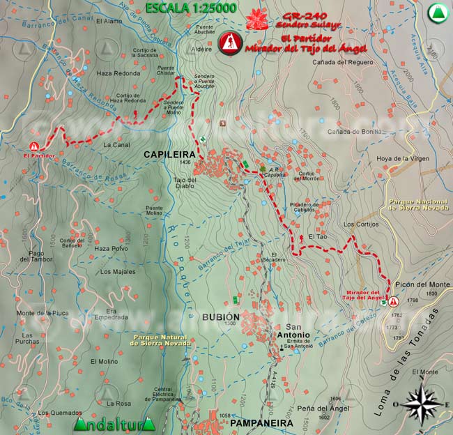 Mapa Topográfico y georefenciado de la Ruta de Senderismo del Gran Recorrido GR 240 Sendero Sulayr por Sierra Nevada, a escala 1:25000 del Tramo El Partidor - Mirador del Tajo del Ángel