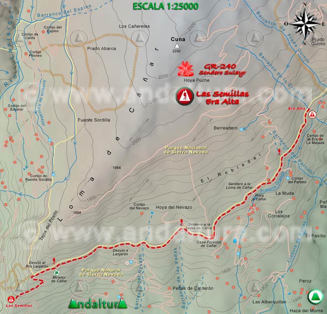 Mapa Topográfico y georefenciado de la Ruta de Senderismo del Gran Recorrido GR 240 Sendero Sulayr por Sierra Nevada, a escala 1:25000 del Tramo Las Semillas - Era Alta