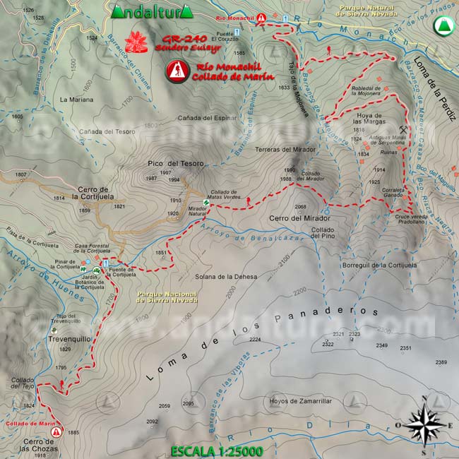 Mapa Topográfico y georefenciado de la Ruta de Senderismo del Gran Recorrido GR 240 Sendero Sulayr por Sierra Nevada, a escala 1:25000 del Tramo Río Monachil - Collado de Martín