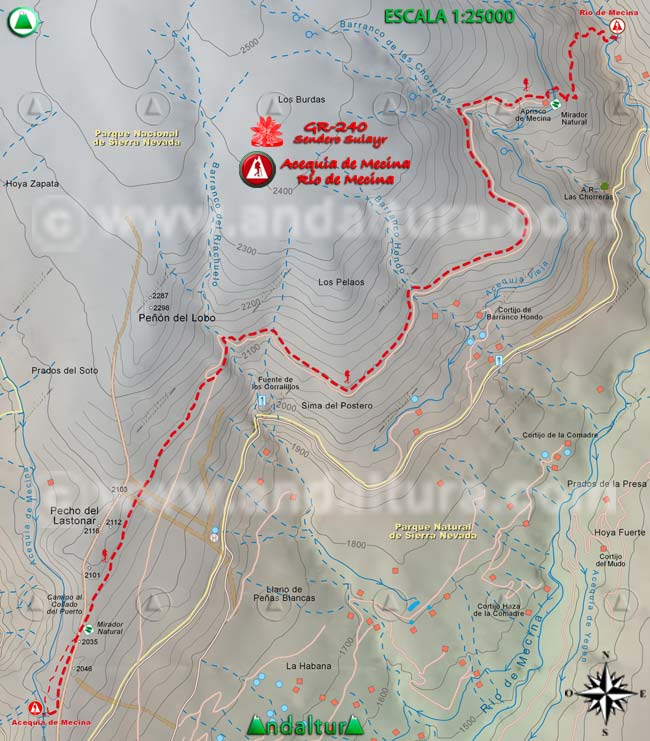 Mapa Topográfico y georefenciado de la Ruta de Senderismo del Gran Recorrido GR 240 Sendero Sulayr por Sierra Nevada, a escala 1:25000 del Tramo Acequia de Mecina - Río de Mecina