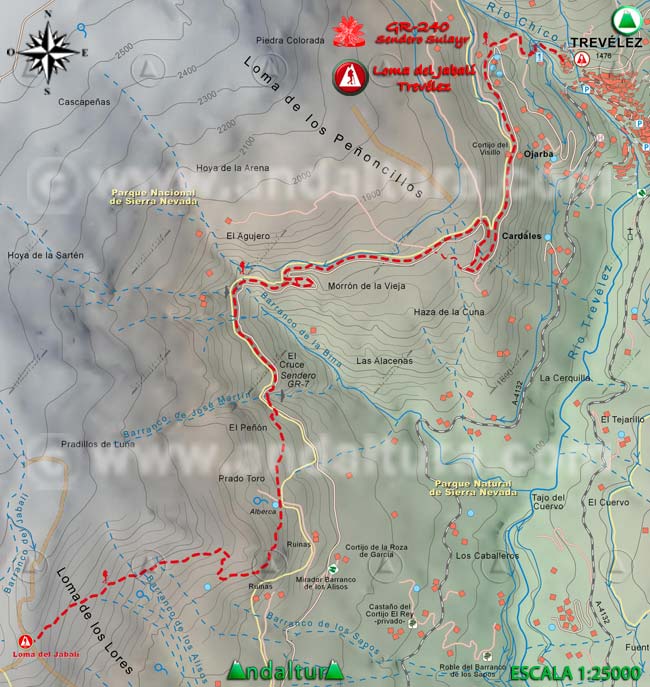 Mapa Topográfico y georefenciado de la Ruta de Senderismo del Gran Recorrido GR 240 Sendero Sulayr por Sierra Nevada, a escala 1:25000 del Tramo Loma del Jabalí - Trevélez