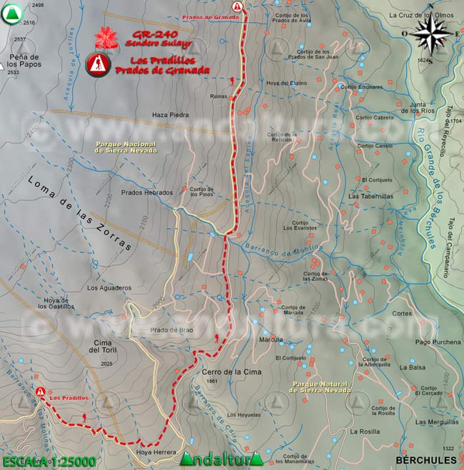 Mapa Topográfico y georefenciado de la Ruta de Senderismo del Gran Recorrido GR 240 Sendero Sulayr por Sierra Nevada, a escala 1:25000 del Tramo Los Pradillos - Prados de Granada