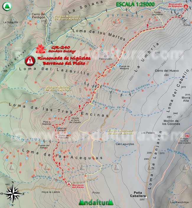 Mapa Topográfico y georefenciado de la Ruta de Senderismo del Gran Recorrido GR 240 Sendero Sulayr por Sierra Nevada, a escala 1:25000 del Tramo Rinconada de Nigüelas - Barranco del Pleito