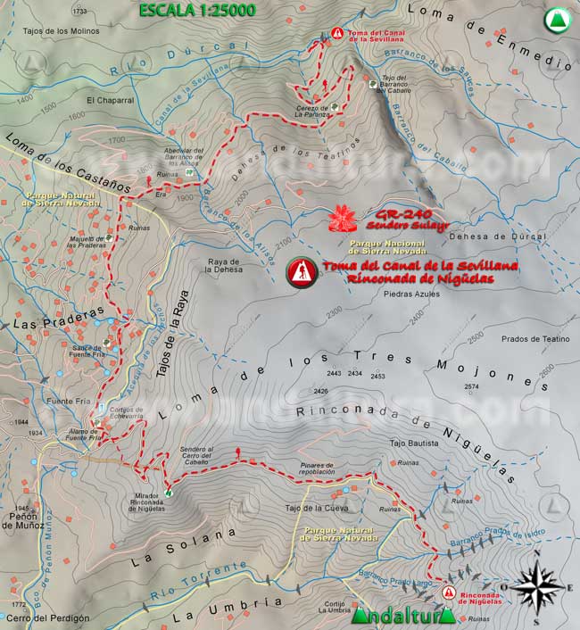 Mapa Topográfico y georefenciado de la Ruta de Senderismo del Gran Recorrido GR 240 Sendero Sulayr por Sierra Nevada, a escala 1:25000 del Tramo Toma del Canal de la Sevillana - Rinconada de Nigüelas