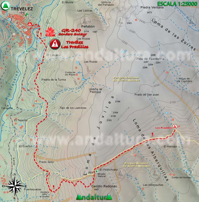 Mapa Topográfico y georefenciado de la Ruta de Senderismo del Gran Recorrido GR 240 Sendero Sulayr por Sierra Nevada, a escala 1:25000 del Tramo Trevélez - Los Pradillos