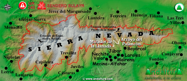 Mapa de Sierra Nevada con la situación del Tramo Mirador de la Llanada - Arroyo del Palancón del Gran Recorrido GR 240 Sendero Sulayr