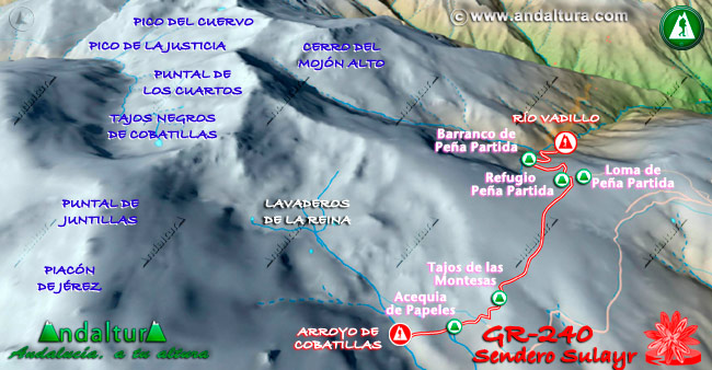 Plano con el Mapa en 3D del Gran Recorrido GR 240 Sendero Sulayr por Sierra Nevada del Tramo Arroyo de Cobatillas - Río Vadillo