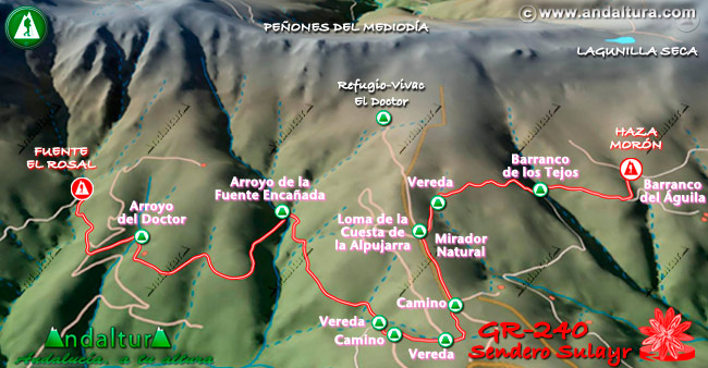 Plano con el Mapa en 3D del Gran Recorrido GR 240 Sendero Sulayr por Sierra Nevada del Tramo Fuente El Rosal - Haza Morón
