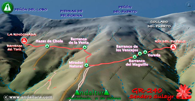 Plano con el Mapa en 3D del Gran Recorrido GR 240 Sendero Sulayr por Sierra Nevada del Tramo La Rinconada - Río del Pueblo