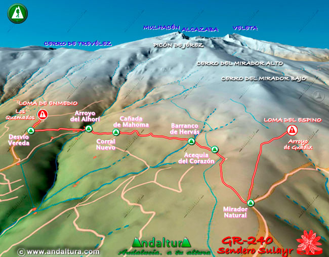 Plano con el Mapa en 3D del Gran Recorrido GR 240 Sendero Sulayr por Sierra Nevada del Tramo Loma de Enmedio - Loma del Espino