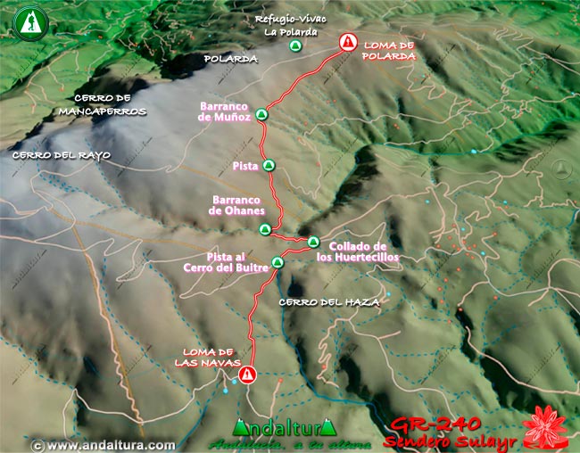 Plano con el Mapa en 3D del Gran Recorrido GR 240 Sendero Sulayr por Sierra Nevada del Tramo Loma de las Navas - Loma de Polarda