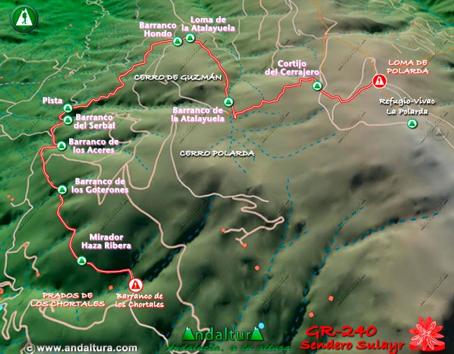 Plano con el Mapa en 3D del Gran Recorrido GR 240 Sendero Sulayr por Sierra Nevada del Tramo Loma de Polarda - Prado de los Chortales