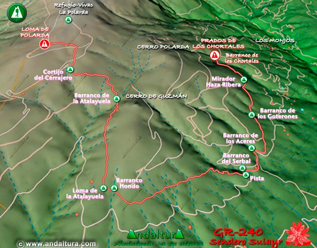 Plano con el Mapa en 3D del Gran Recorrido GR 240 Sendero Sulayr por Sierra Nevada del Tramo Loma de Polarda - Prado de los Chortales