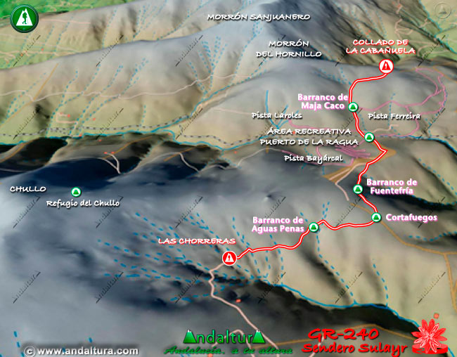 Plano con el Mapa en 3D del Gran Recorrido GR 240 Sendero Sulayr por Sierra Nevada del Tramo Las Chorreras - Collado de la Cabañuela