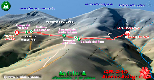 Plano con el Mapa en 3D del Gran Recorrido GR 240 Sendero Sulayr por Sierra Nevada del Tramo Prado Largo - La Rinconada