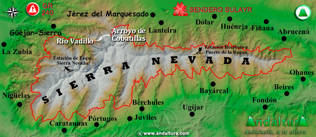 Mapa de Sierra Nevada con la situación del Tramo Arroyo de Cobatillas - Río Vadillo del Gran Recorrido GR 240 Sendero Sulayr