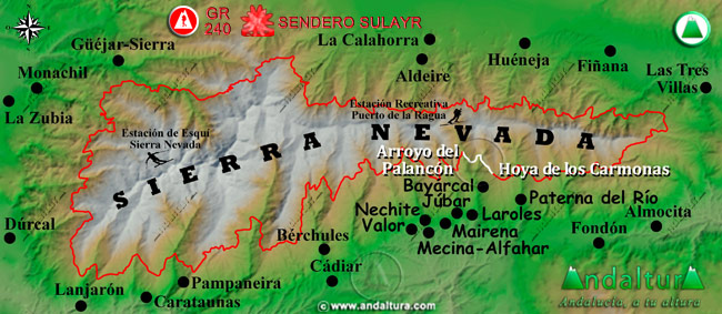 Mapa de Sierra Nevada con la situación del Tramo Arroyo del Palancón - Hoya de los Carmonas del Gran Recorrido GR 240 Sendero Sulayr