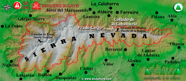 Mapa de Sierra Nevada con la situación del Tramo Collado de la Cabañuela - Prado Largo del Gran Recorrido GR 240 Sendero Sulayr