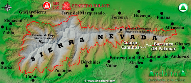 Mapa de Sierra Nevada con la situación del Tramo Cuatro Caminos - Barranco del Palomar del Gran Recorrido GR 240 Sendero Sulayr