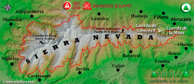 Mapa de Sierra Nevada con la situación del Tramo Cuerda de la Mina - Cuerda de Limones del Gran Recorrido GR 240 Sendero Sulayr