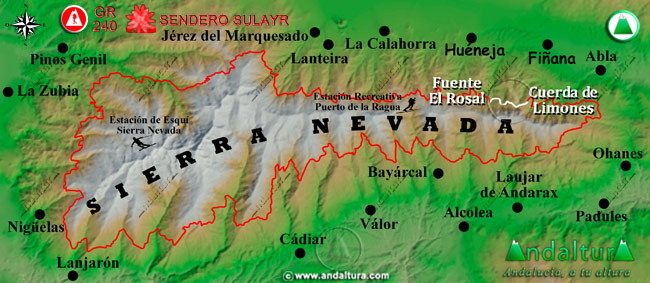 Mapa de Sierra Nevada con la situación del Tramo Cuerda de Limones - Fuente El Rosal del Gran Recorrido GR 240 Sendero Sulayr