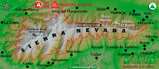 Mapa de Sierra Nevada con la situación del Tramo Fuente El Rosal - Haza Morón del Gran Recorrido GR 240 Sendero Sulayr
