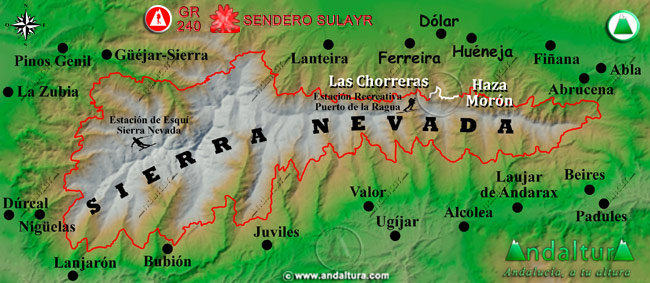 Mapa de Sierra Nevada con la situación del Tramo Haza Morón - Las Chorreras del Gran Recorrido GR 240 Sendero Sulayr