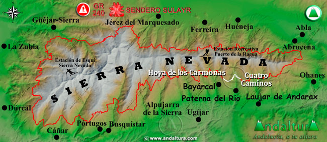 Mapa de Sierra Nevada con la situación del Tramo Hoya de los Carmonas - Cuatro Caminos del Gran Recorrido GR 240 Sendero Sulayr