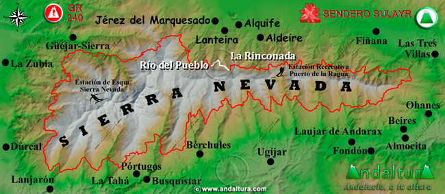 Mapa de Sierra Nevada con la situación del Tramo La Rinconada - Río del Pueblo del Gran Recorrido GR 240 Sendero Sulayr