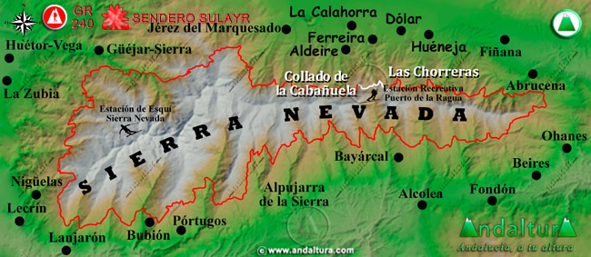 Mapa de Sierra Nevada con la situación del Tramo Las Chorreras - Collado de la Cabañuela del Gran Recorrido GR 240 Sendero Sulayr