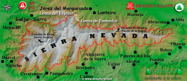 Mapa de Sierra Nevada con la situación del Tramo Loma de Enmedio - Loma del Espino del Gran Recorrido GR 240 Sendero Sulayr