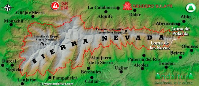 Mapa de Sierra Nevada con la situación del Tramo Loma de las Navas - Loma de la Polarda del Gran Recorrido GR 240 Sendero Sulayr
