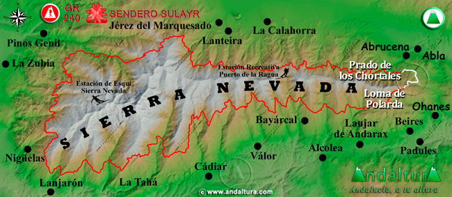 Mapa de Sierra Nevada con la situación del Tramo Loma de la Polarda - Prado de los Chortales del Gran Recorrido GR 240 Sendero Sulayr