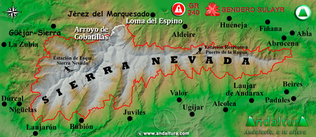 Mapa de Sierra Nevada con la situación del Tramo Loma del Espino - Arroyo de Cobatillas del Gran Recorrido GR 240 Sendero Sulayr
