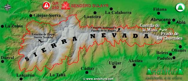 Mapa de Sierra Nevada con la situación del Tramo Prado de los Chortales - Cuerda de la Mina del Gran Recorrido GR 240 Sendero Sulayr