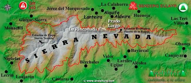 Mapa de Sierra Nevada con la situación del Tramo Prado Largo - La Rinconada del Gran Recorrido GR 240 Sendero Sulayr